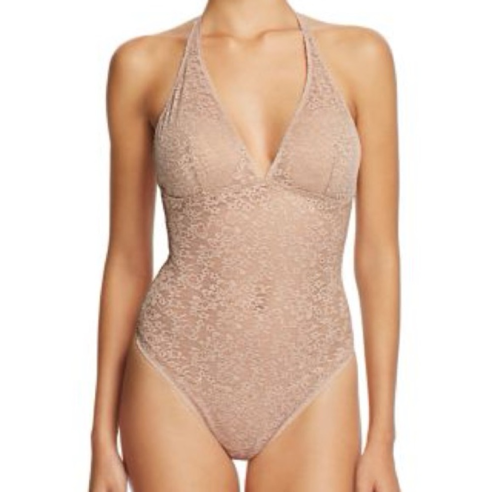 Yummie brand Cooper Halter Lace Bodysuit in Nude XL